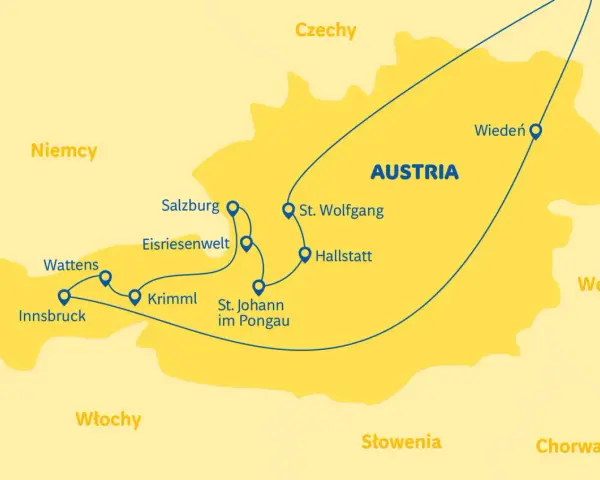 Mapa Austrii z zaznaczonymi miastami: Innsbruck, Wattens, Eisriesenwelt, Salzburg, Krimml, St. Johann im Pongau, St. Wolfgang, Hallstatt, Wiedeń. Pokazuje, gdzie są Alpy i sąsiednie kraje.