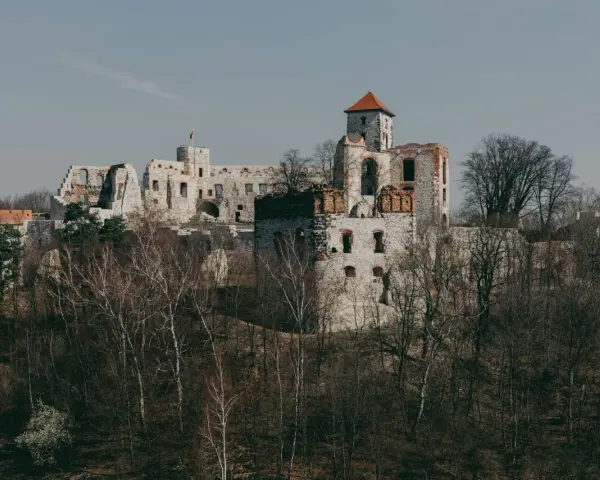 Ruiny zamku na wapiennym wzgórzu, część Szlaku Orlich Gniazd, otoczone drzewami.