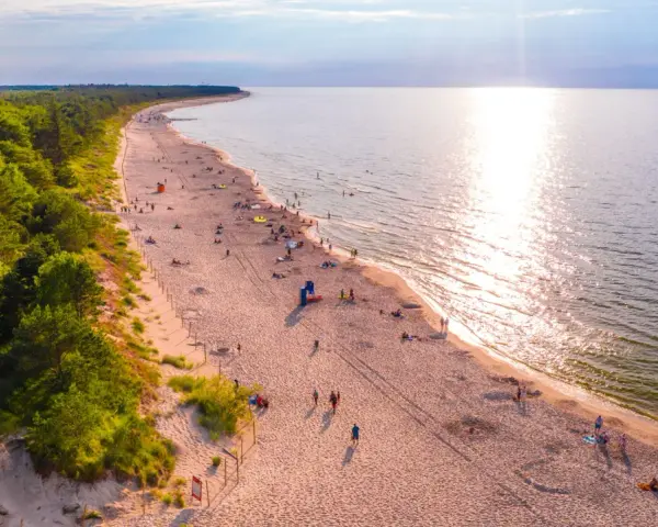 Piękna plaża nad Bałtykiem, idealna na fajne i tanie miejsca na wakacje w Polsce. Słońce odbija się w wodzie, a las tworzy malownicze tło.