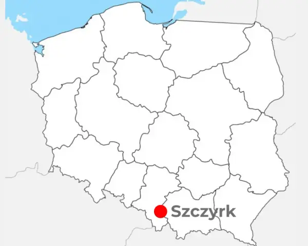 Mapa Polski z zaznaczonym Szczyrkiem. To popularne miejsce, gdzie szczyrk jakie góry oferują piękne widoki i trasy.