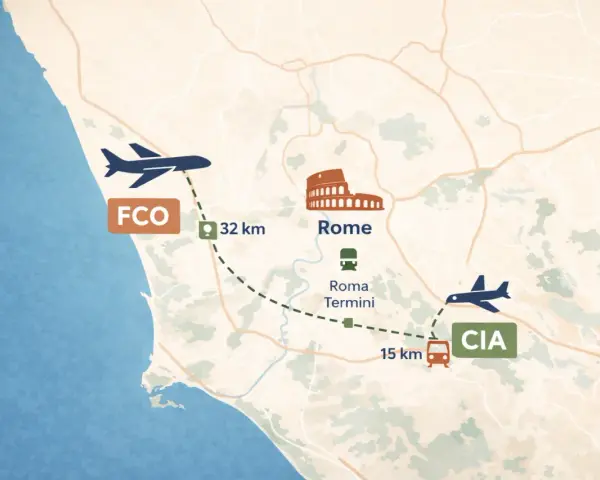 Mapa pokazuje jak dojechać z lotniska Fiumicino (FCO) do centrum Rzymu (32 km) i z lotniska Ciampino (CIA) do Rzymu (15 km).