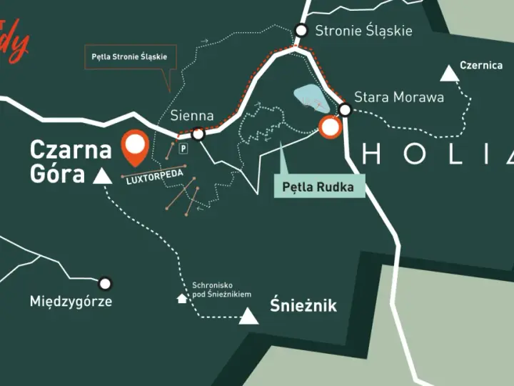 Mapa projektu "zero nudy" z zaznaczoną Czarną Górą, Pętlą Rudka, Śnieżnikiem i innymi atrakcjami.
