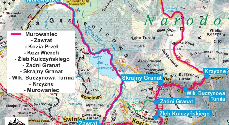 Mapa Tatr z zaznaczonymi szlakami, w tym najłatwiejszy szlak na Krzyżne przez Murowaniec, Kozi Wierch i Zadni Granat.