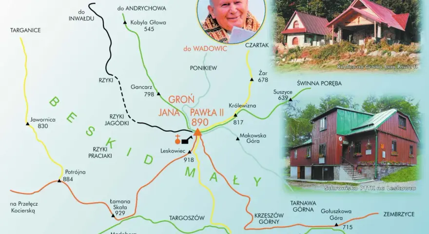 Mapa szlaków turystycznych w Beskidzie Małym, prowadzących do Gronia Jana Pawła II. Widok na kaplicę i schronisko.