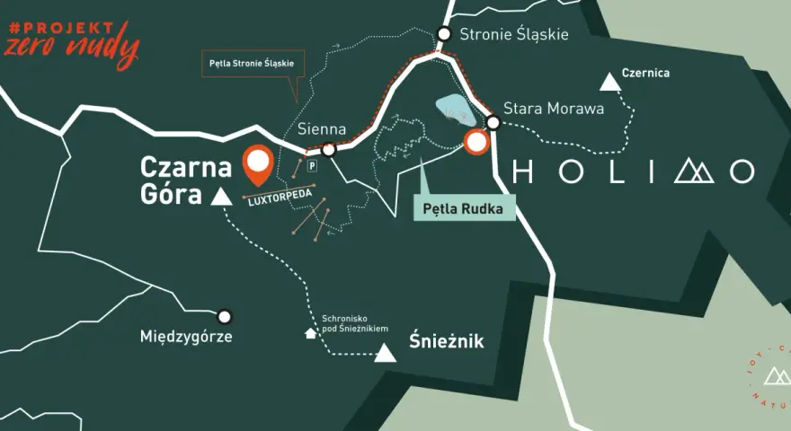 Mapa projektu "zero nudy" z zaznaczoną Czarną Górą, Pętlą Rudka, Śnieżnikiem i innymi atrakcjami.