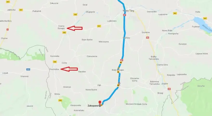 Trasa samochodowa przez Zakopane i okolice. Widoczne Chochołów, Czarny Dunajec i Nowy Targ.