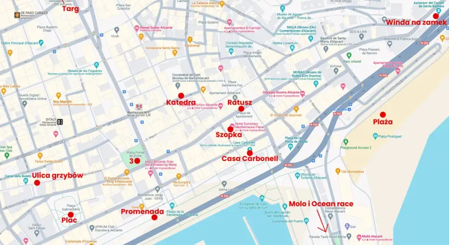 Alicante co warto zobaczyć: Winda na zamek, Plac, Targ, Katedra, Ratusz, Promenada, Ulica grzybów, Molo i Ocean race.