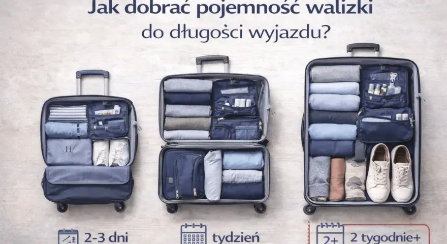 Porównanie rozmiarów walizek w litrach dla wyjazdów: 2-3 dni, tydzień, 2+ tygodnie.