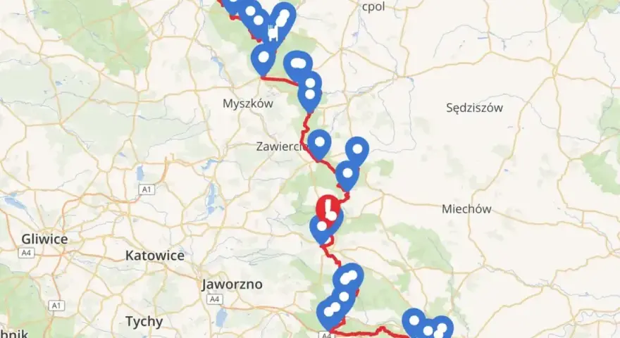 Trasa samochodowa Szlak Orlich Gniazd od Częstochowy do Krakowa, zaznaczona niebieskimi pinezkami i czerwoną linią.