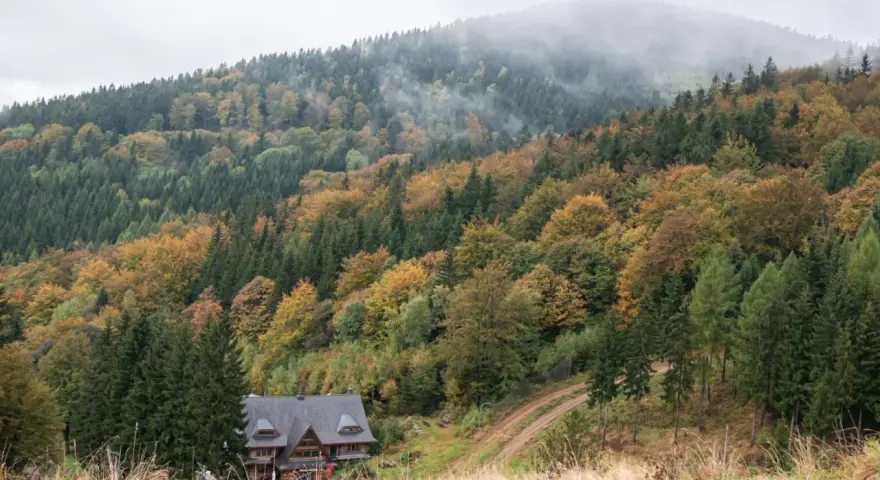 Jesienny las w Górach Sowich otula mgłą szczyty. Na zboczu malowniczo położony dom, jak jedna z urokliwych miejscowości regionu.