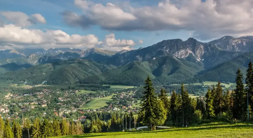 Widok na Tatry z piętrami roślinności: od zielonych łąk i lasów iglastych po skaliste szczyty.