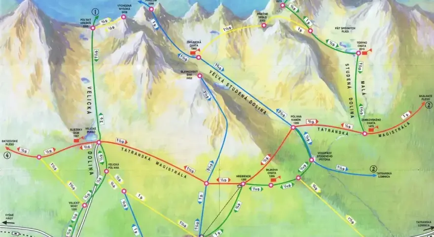 Mapa turystyczna słowackich Tatr z zaznaczonymi najpiękniejszymi szlakami w Dolinach Wielickiej, Staroleśnej i Zimnej Wody.
