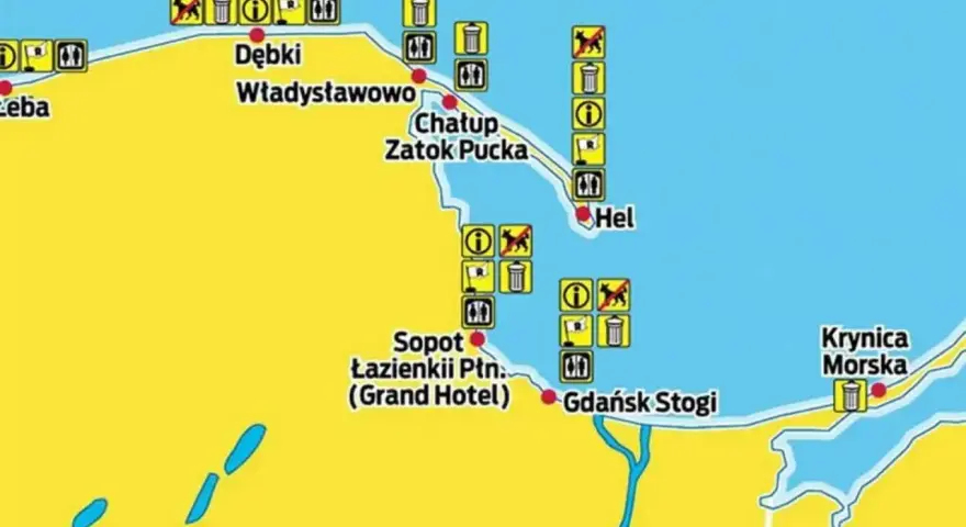 Mapa wybrzeża z zaznaczonymi miejscowościami jak Hel, Sopot, Krynica Morska. Ikony wskazują, gdzie najbliżej nad morze można zabrać psa lub znaleźć kosze na śmieci.