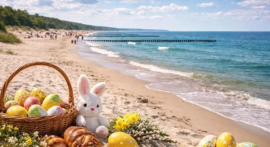 Koszyk z pisankami i zajączek na plaży. Idealne miejsce, gdzie na Wielkanoc można poczuć słońce i szum fal.