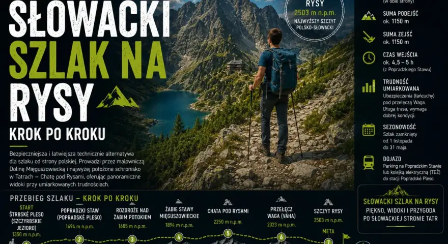 Turysta z plecakiem na szlaku na Rysy. Umiarkowana trudność, ale wymaga kondycji. Piękne widoki.
