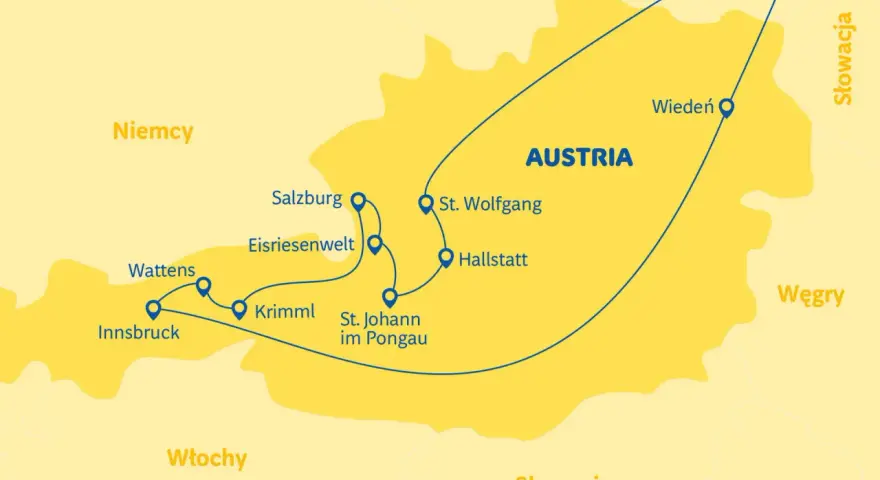 Mapa Austrii z zaznaczonymi miastami: Innsbruck, Wattens, Eisriesenwelt, Salzburg, Krimml, St. Johann im Pongau, St. Wolfgang, Hallstatt, Wiedeń. Pokazuje, gdzie są Alpy i sąsiednie kraje.