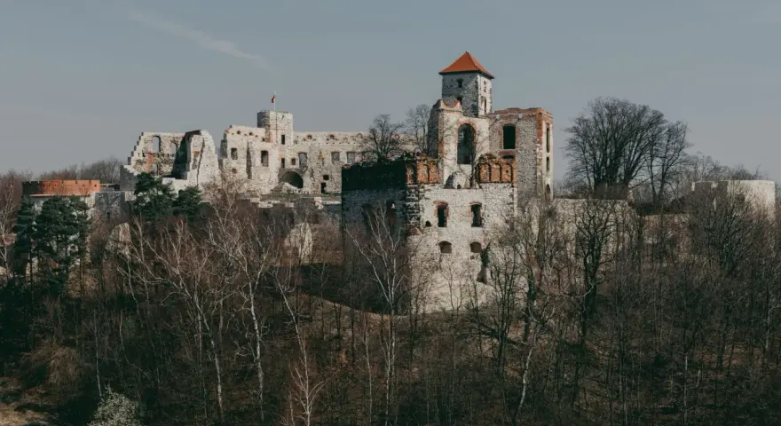 Ruiny zamku na wapiennym wzgórzu, część Szlaku Orlich Gniazd, otoczone drzewami.