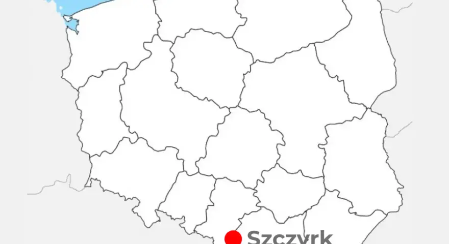 Mapa Polski z zaznaczonym Szczyrkiem. To popularne miejsce, gdzie szczyrk jakie góry oferują piękne widoki i trasy.