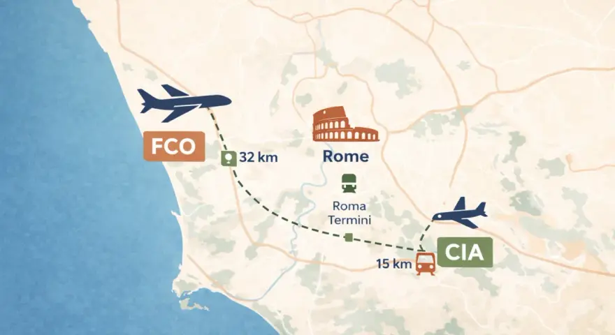 Mapa pokazuje jak dojechać z lotniska Fiumicino (FCO) do centrum Rzymu (32 km) i z lotniska Ciampino (CIA) do Rzymu (15 km).
