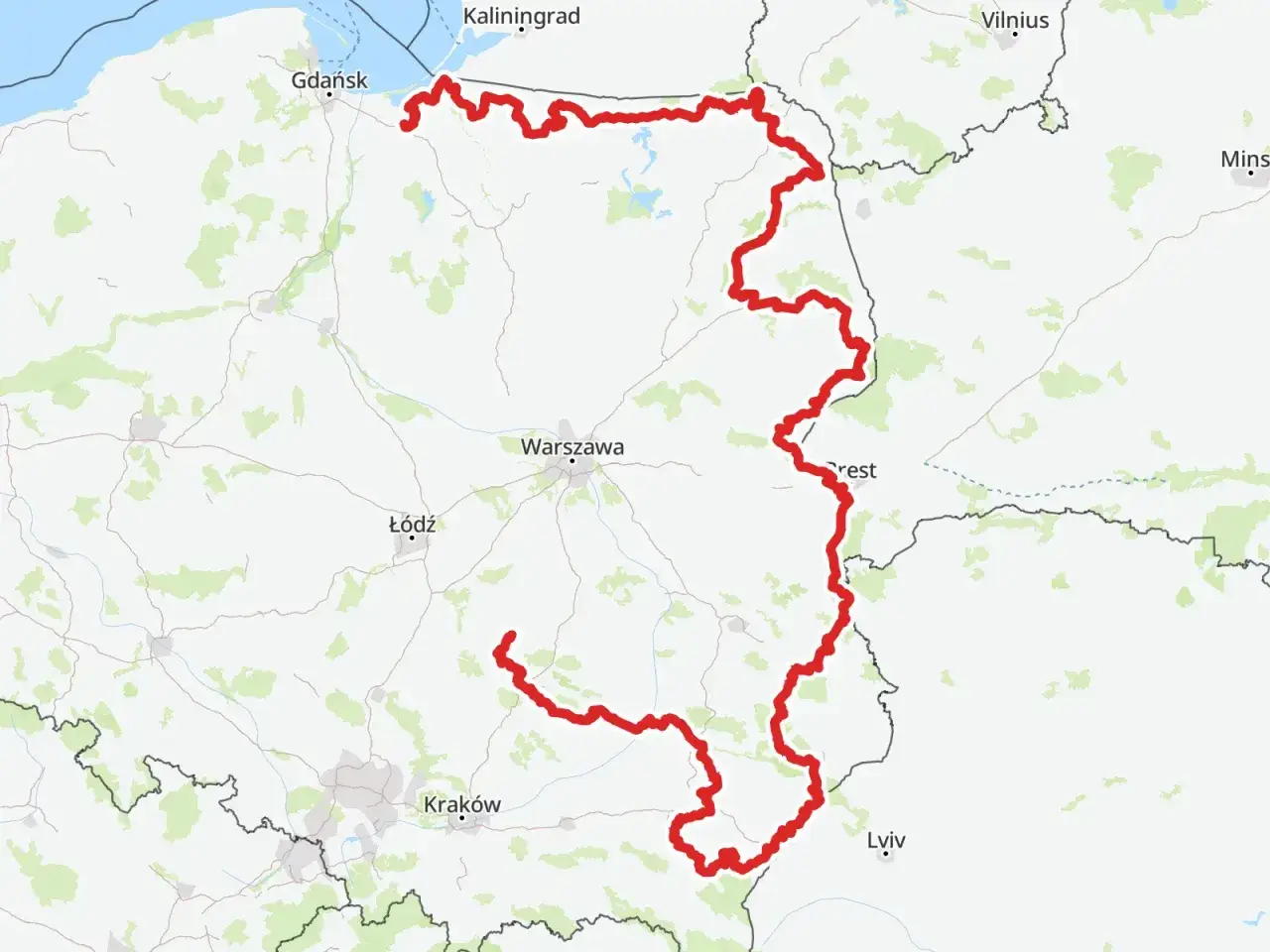 Mapa z zaznaczoną trasą rowerową R10, biegnącą od wybrzeża Bałtyku przez Warszawę, aż po okolice Lwowa.