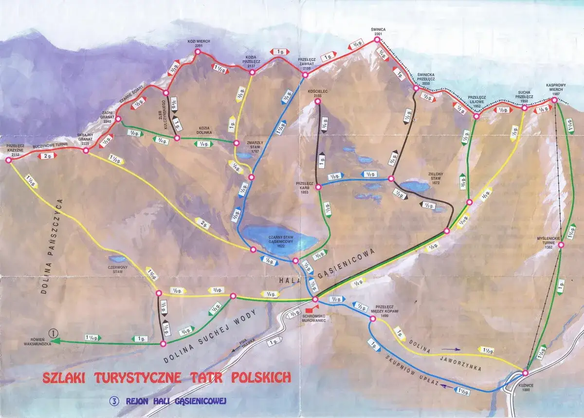 Mapa turystyczna Tatr Polskich z zaznaczonymi szlakami, w tym w rejonie Hali Gąsienicowej.