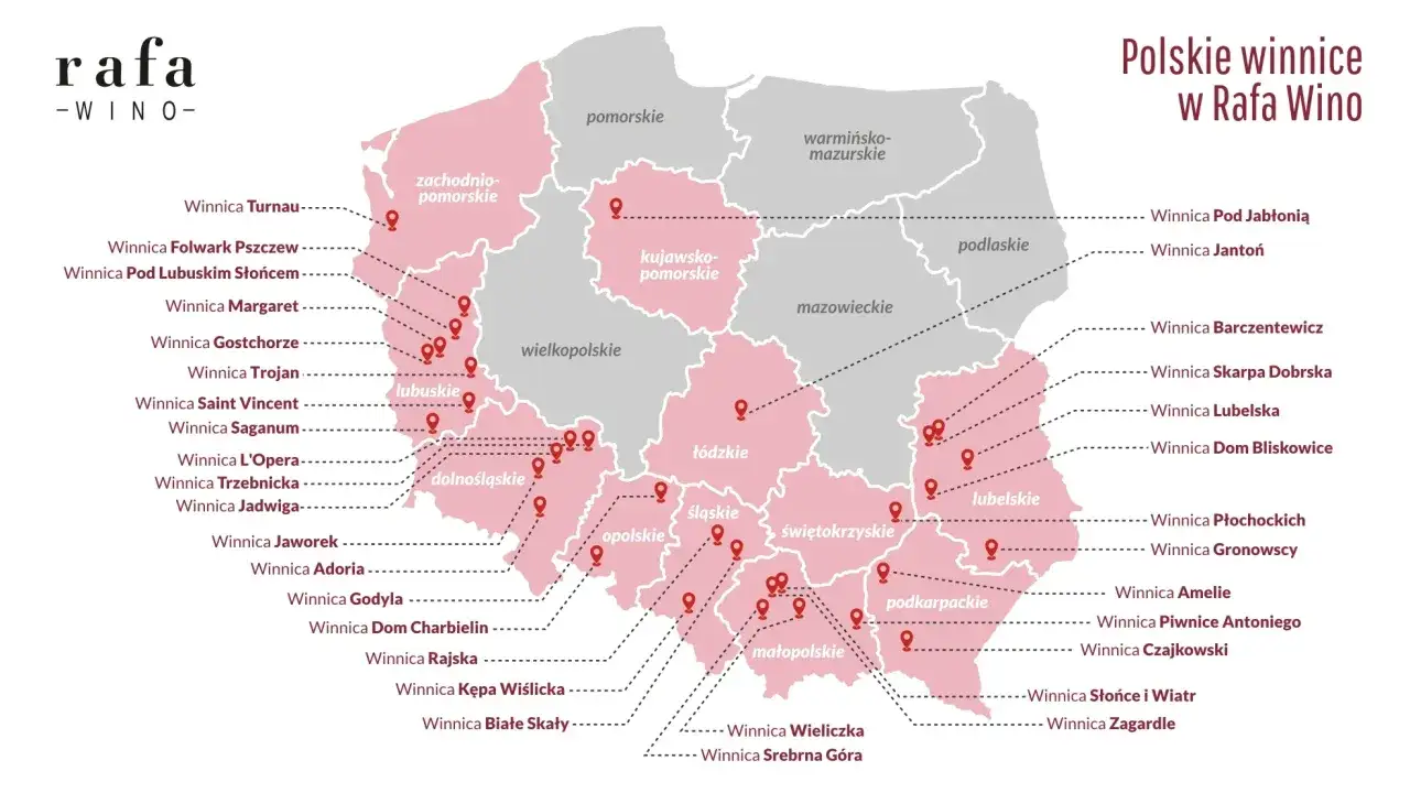 Mapa Polski z zaznaczonymi winnicami Rafa Wino. Wiele winnice na dolnym śląsku, ale też w innych regionach kraju.