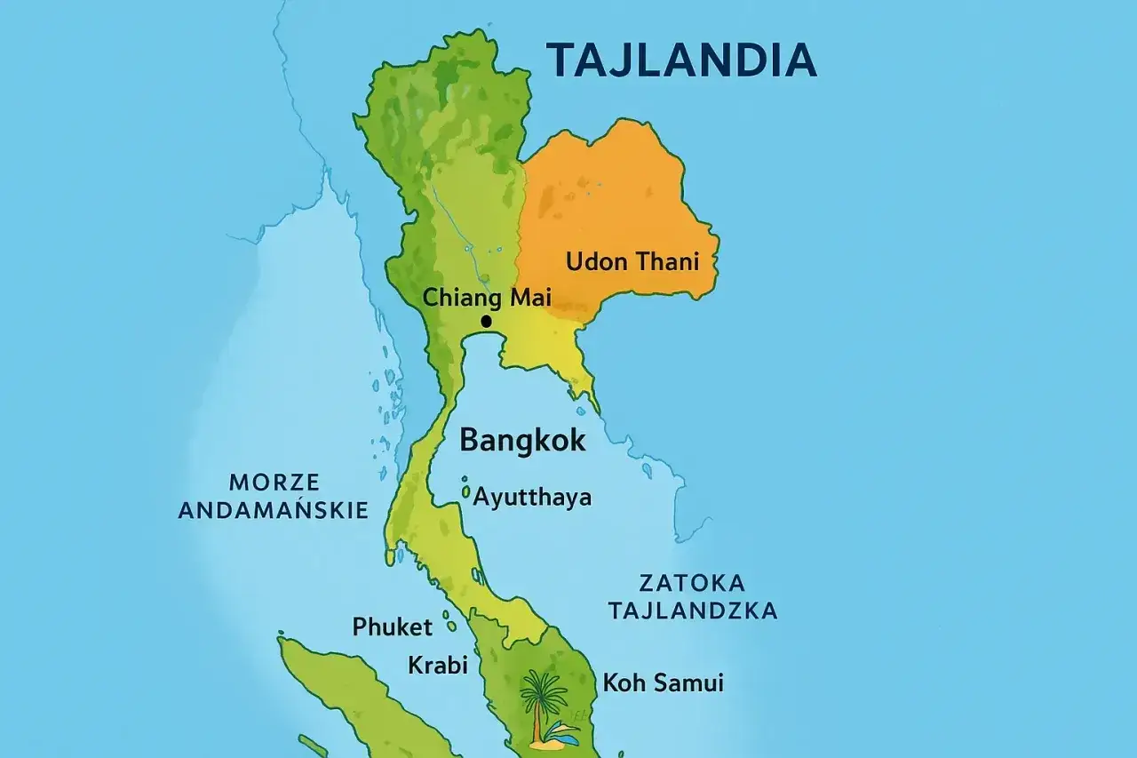 Mapa Tajlandii z zaznaczonymi miastami: Bangkok, Chiang Mai, Udon Thani, Phuket, Krabi, Koh Samui. Idealna do planowania wyjazdu do Tajlandii.