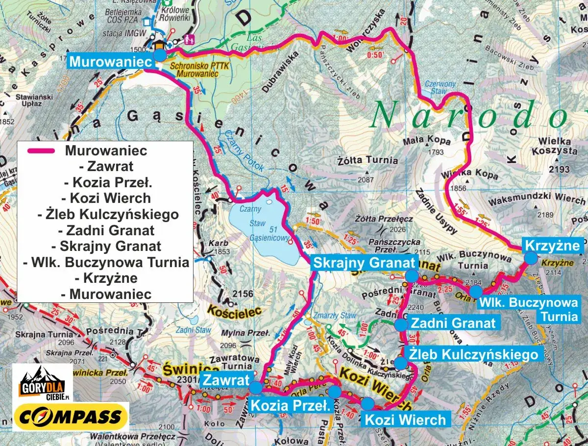 Mapa Tatr z zaznaczonymi szlakami. Widać tu m.in. Murowaniec, Kozi Wierch i Zadni Granat – fragment trasy na najtrudniejszy szczyt w Polsce.