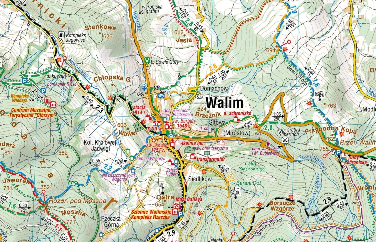 Mapa turystyczna Gór Sowich: Walim, Jaworek, Moszna, Przełęcz Walimska. Znaki szlaków, wysokości, miejscowości.