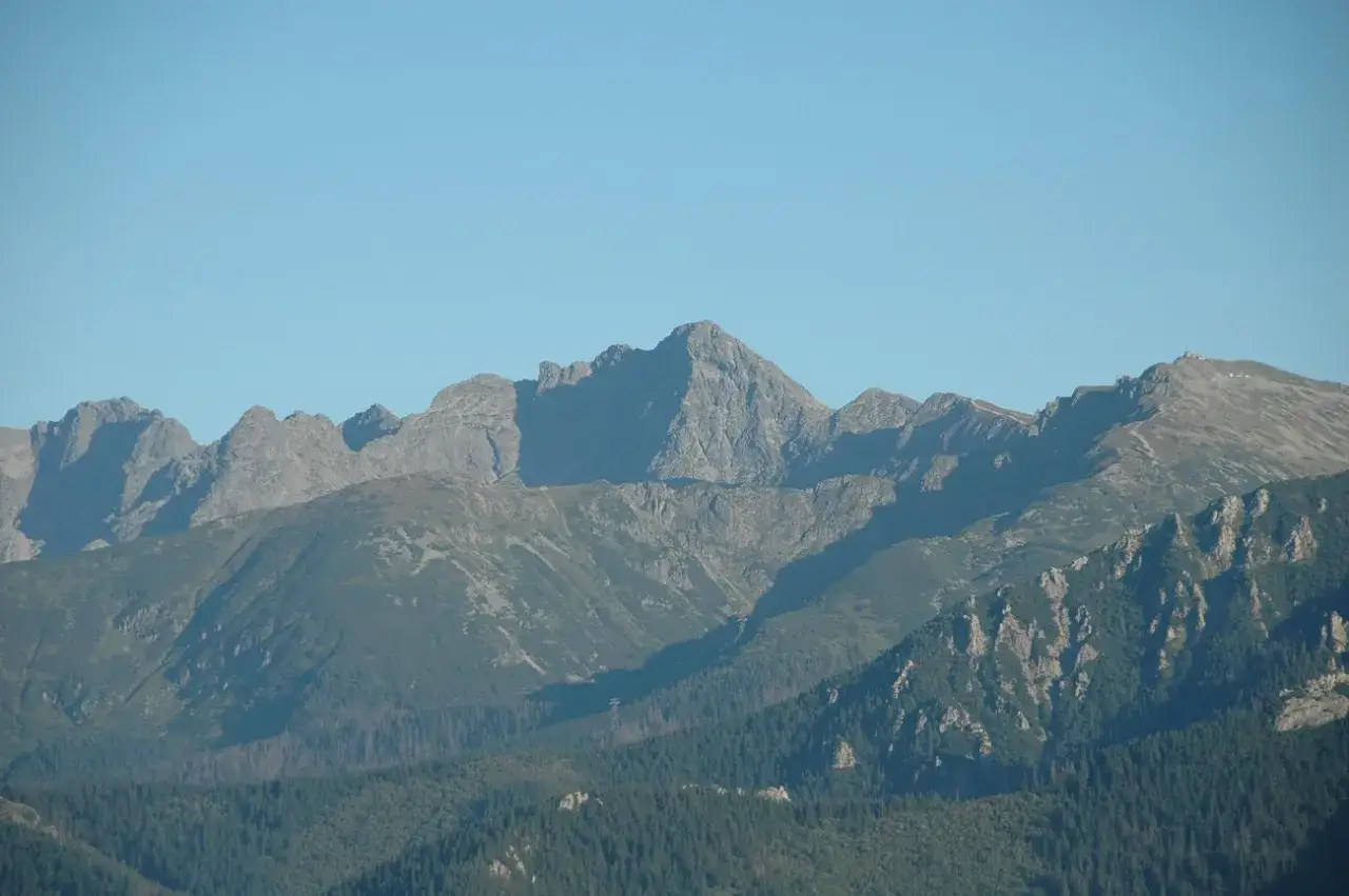 Majestatyczne rysy widok z Gubałówki na Tatry. Góry w słońcu, lasy u ich podnóża.