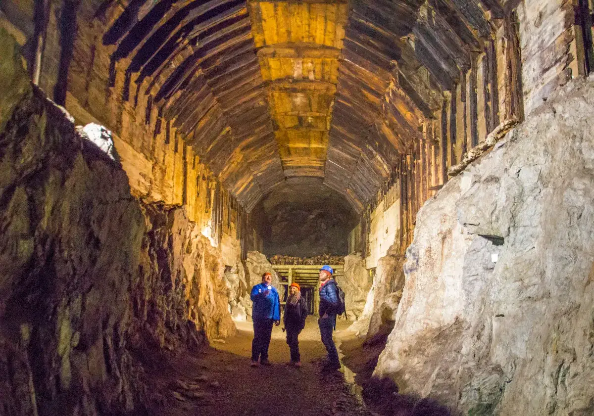 Trzech turyst&oacute;w w kaskach oświetla latarkami drewniany tunel. Czy to os&oacute;wka czy włodarz, kto tu mieszka?
