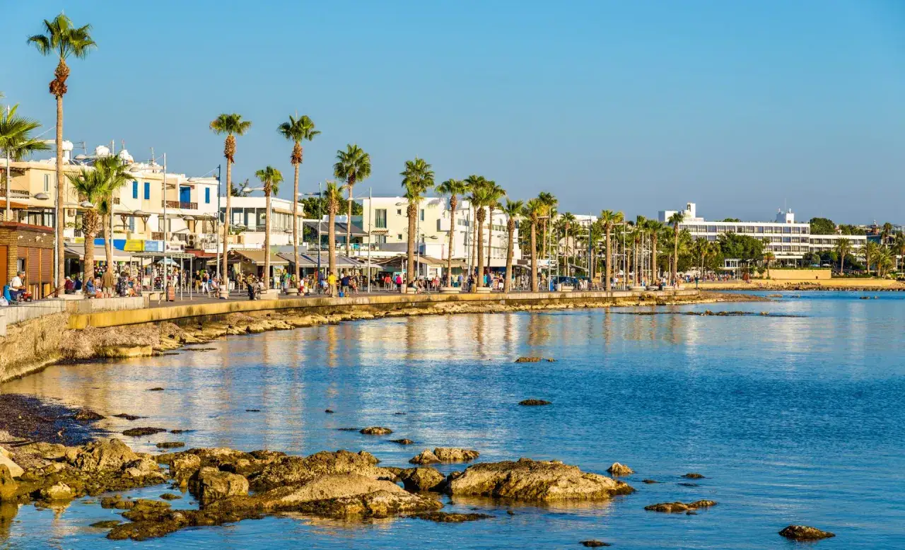 Promenada z palmami i białymi budynkami nad błękitnym morzem. Czy to Pafos czy Larnaka?