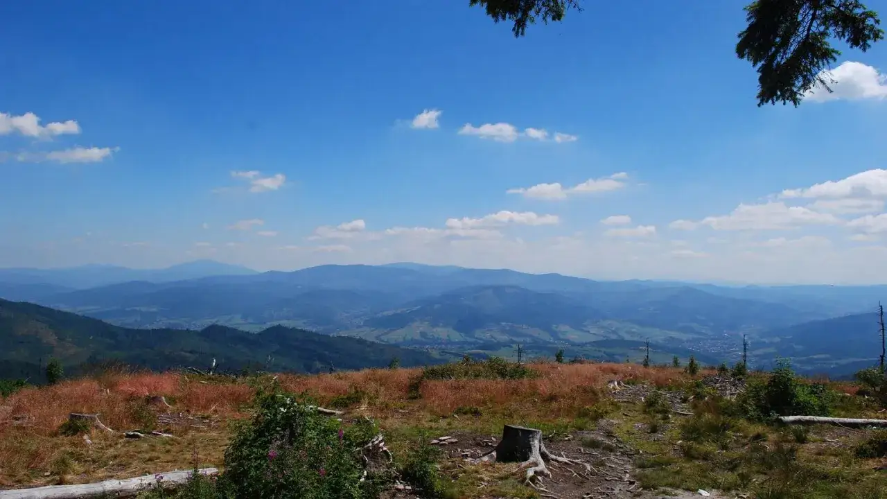 Widok na Beskid Śląski z polany, idealne miejsce na odpoczynek przed zdobyciem Baraniej Góry.