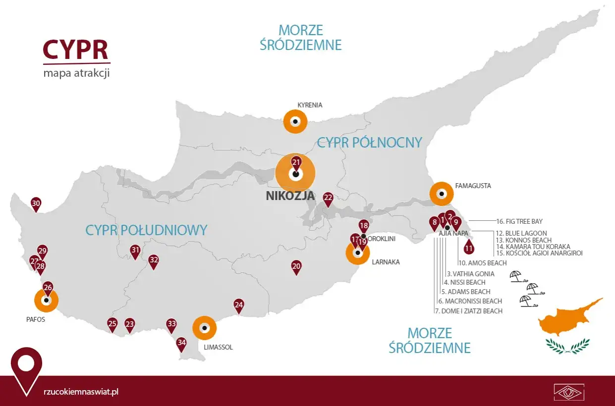 Mapa atrakcji Cypru, idealna do zwiedzania Cypru na własną rękę. Zaznaczone miasta: Nikozja, Pafos, Limassol, Famagusta, Kyrenia.