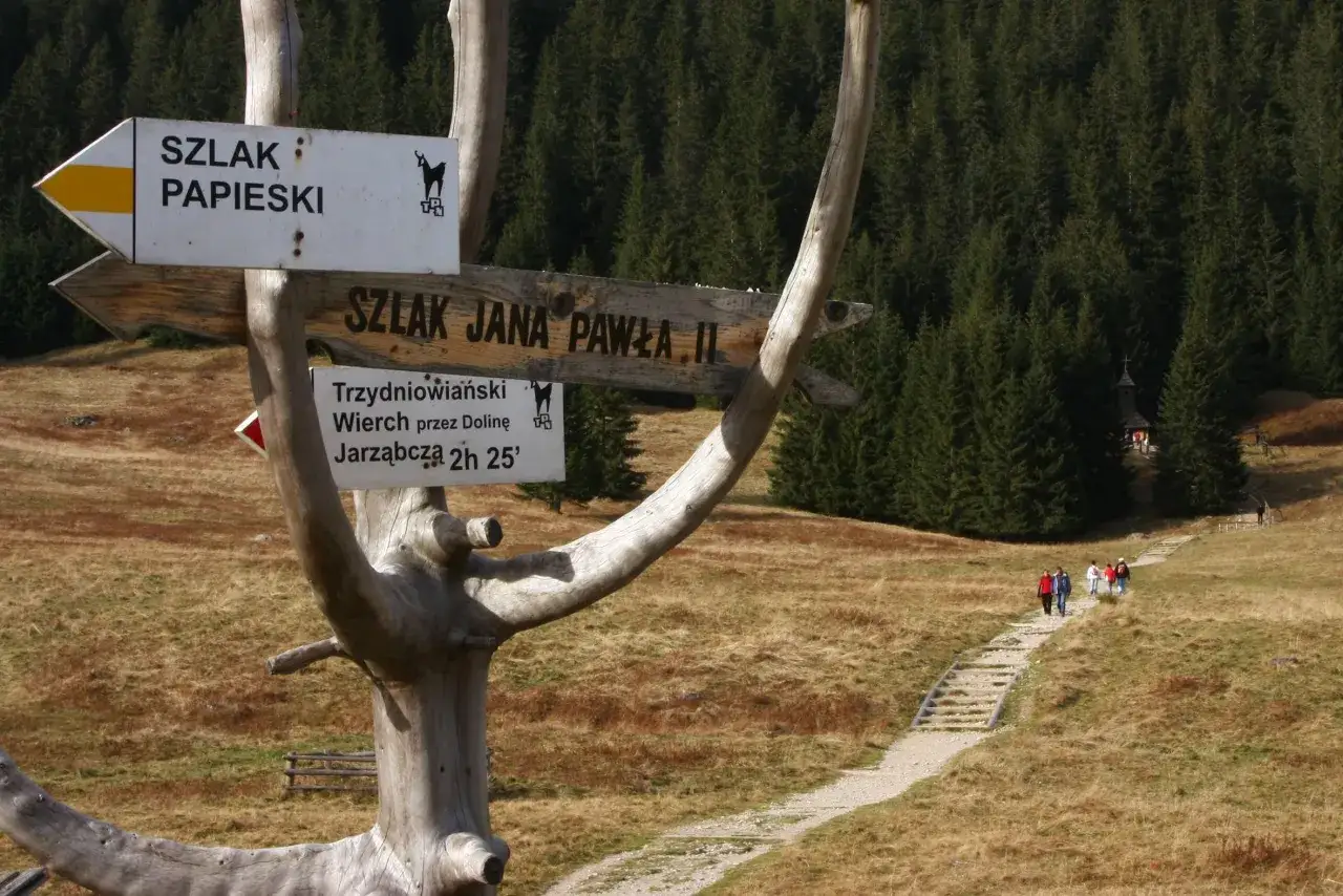 Drewniany drogowskaz na szlak Jana Pawła II w g&oacute;rach. W oddali widać ludzi idących ścieżką przez trawiaste zbocze.