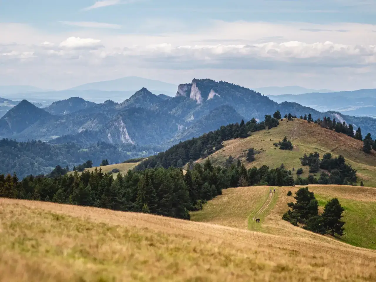 Szczawnica jakie to góry? Pieniny z Trzema Koronami i Sokolicą w tle, malownicze wzgórza i szlak turystyczny.