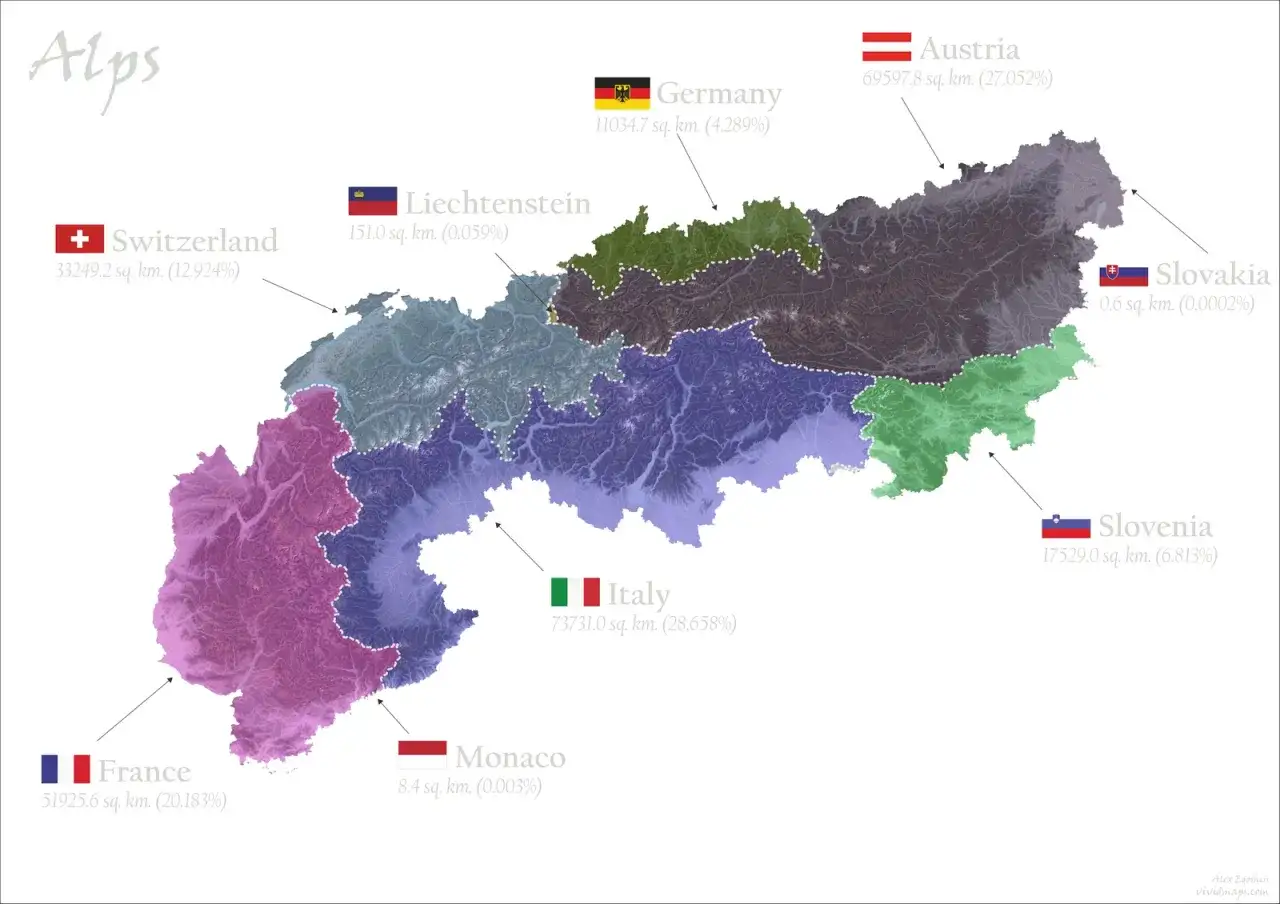 Mapa pokazuje, gdzie są Alpy, obejmujące tereny Francji, Włoch, Austrii, Niemiec, Szwajcarii, Słowenii, Liechtenstein, Słowacji i Monako.