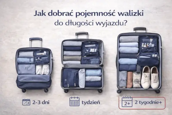 Porównanie rozmiarów walizek w litrach dla wyjazdów: 2-3 dni, tydzień, 2+ tygodnie.